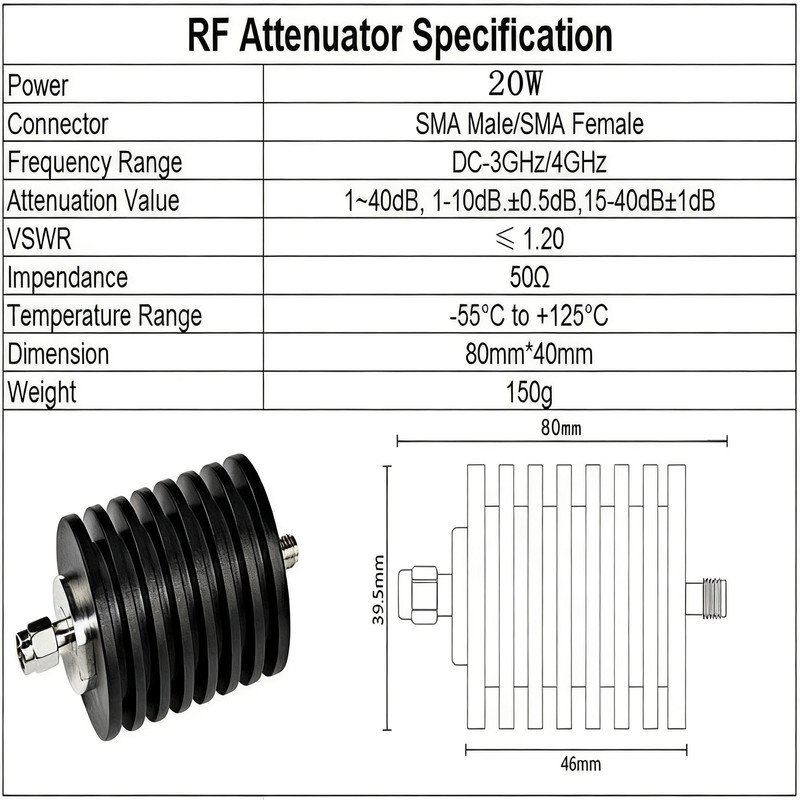 20W SMA 10dB RF Attenuator DC-3GHz 50 Ohm OEM Fixed Coaxial Test Connector gallery