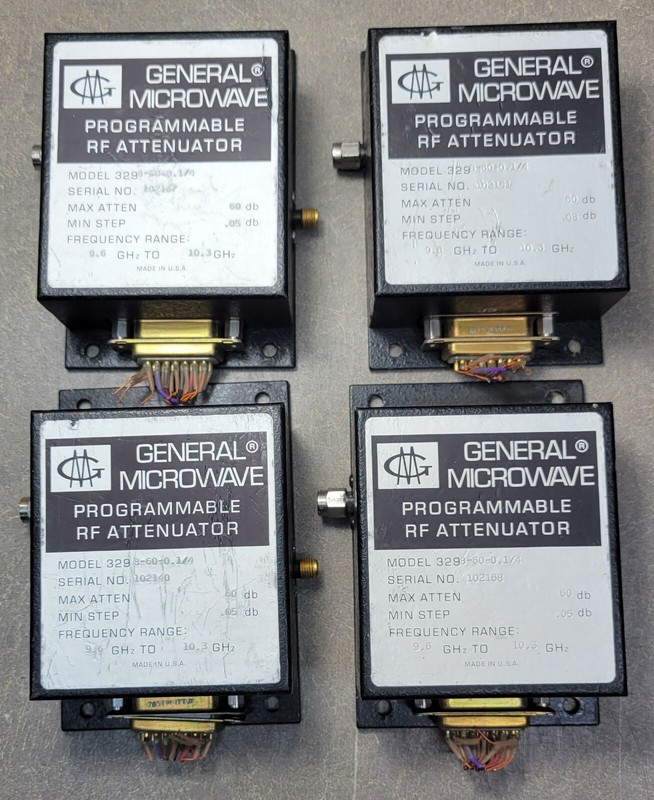 Lot of 4 GM rf attenuators 3298-60-0.1/4, Max atten 60db / 0.05db, 9 to 10.3GHz.