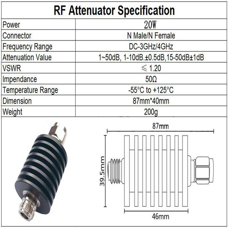 20W N Type Fixed Coaxial RF Attenuator DC to 3GHz 50 Ohm High Power Attenuator
