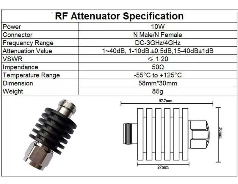 10WN-TypeCoaxialFixed RFMicrowave AttenuatorDC-4GHz1-50dB 50Ω Signal Attenuator gallery