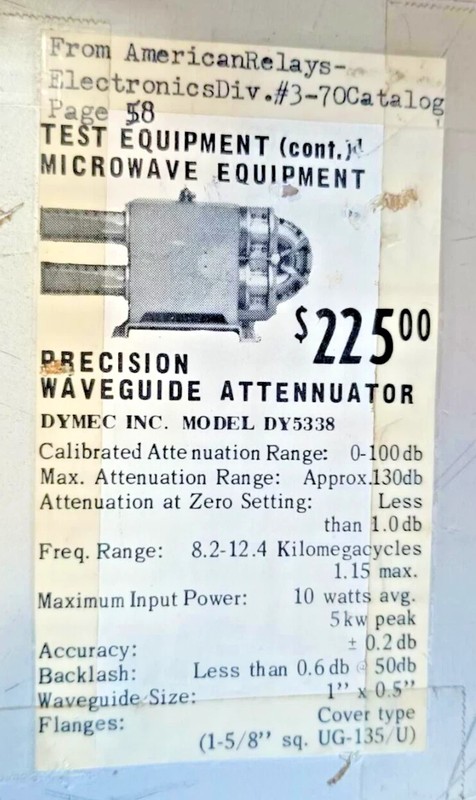 DYMEC INC. Precision Microwave Waveguide Attenuator Model DY5338 USED