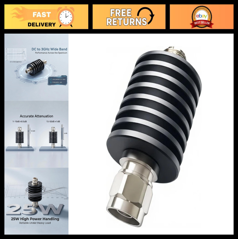25W 50 Ohm RF Attenuator, N Male Connector, 20dB for Ham Radio & UHF Antenna