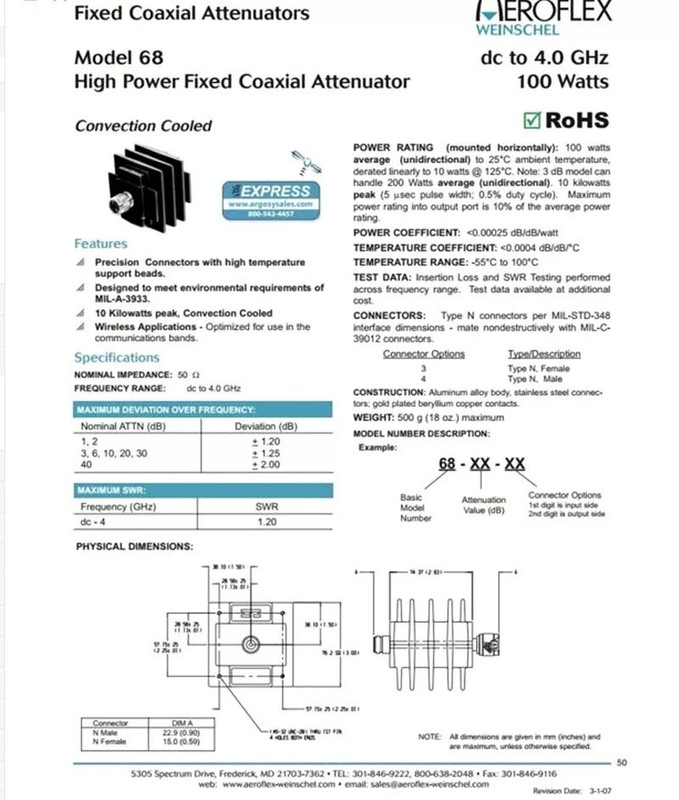 Weinschel 68-20-43 DC-4GHz 20dB 100W Type-N RF High Power Fixed Attenuator gallery