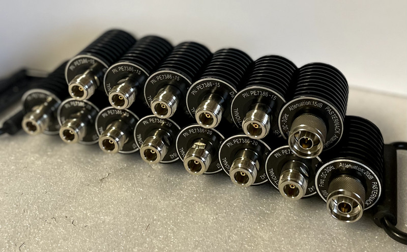 20 dB Fixed Attenuator, N Male to N Female, Black Aluminum Heatsink 10W