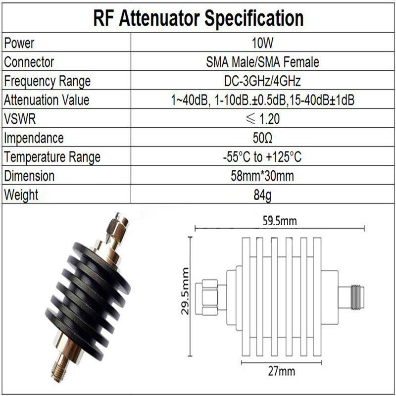 OEM10WSMA-TypeCoaxialFixedRFDC-3GHz1-30dBAvailable3dB5dB50Ω Microwave Attenuator gallery