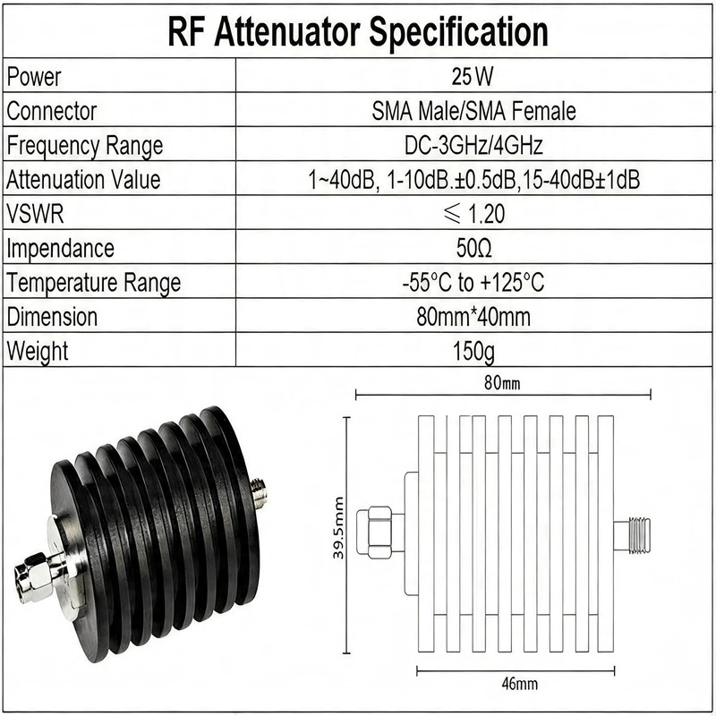 25W SMA M-F 10dB DC-4GHz 50Ω Fixed RF Attenuator for Network Analyzer gallery