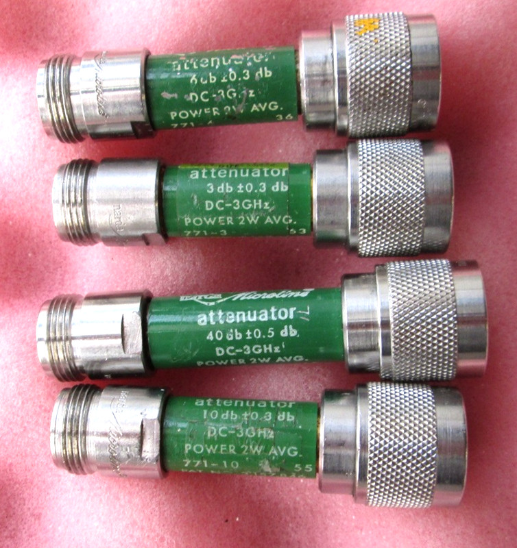 3 GHz Attenuator Set of Narda 3dB, 6dB, 10dB, 40dB value. 2 Watt N connectors
