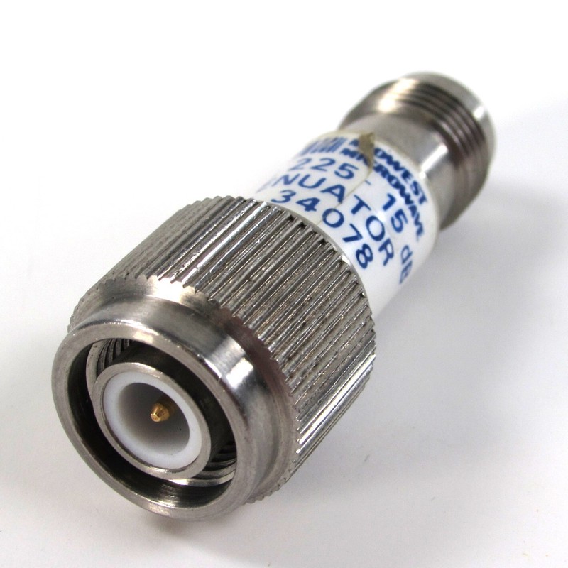 Midwest Microwave Model 225-15 Fixed Coaxial 15 dB Attenuator TNC Male to Female