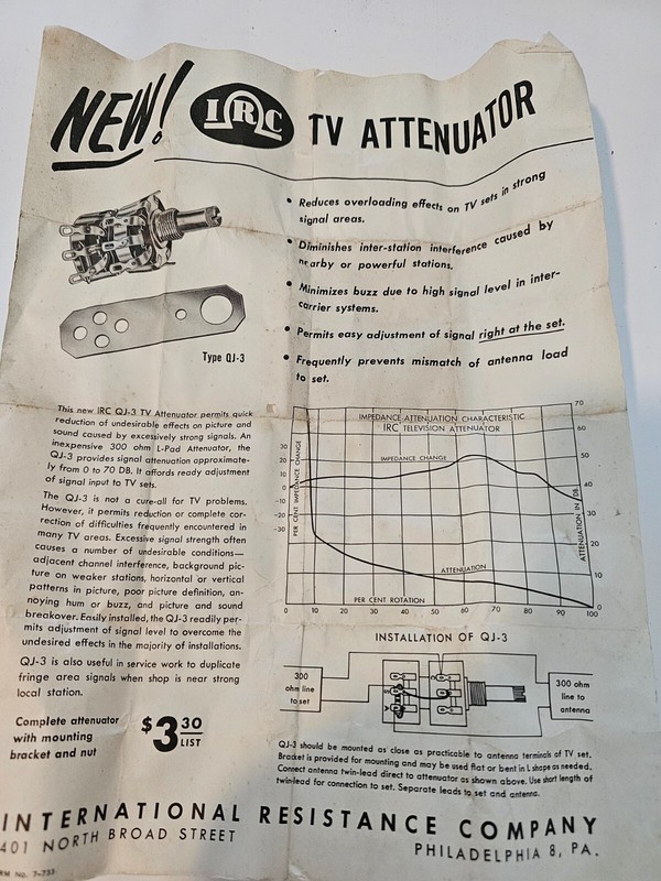 2 Vintage IRC QJ-3 TV Television Attenuators NOS 15/16" International Resistance gallery