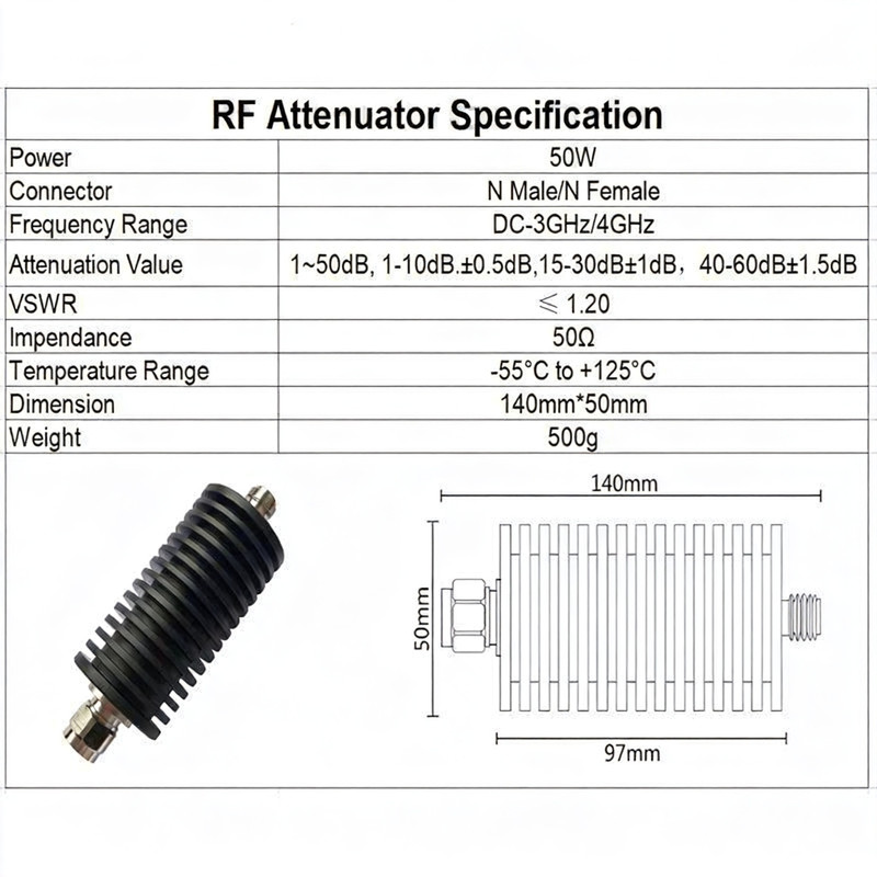 50W N-Type Long Body Fixed RF Attenuator 20dB 50Ohm DC4GHz for Ham Radio Testing gallery