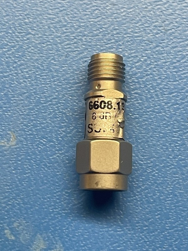 Used Huber+Suhner 6608.19.AC SMA coaxial attenuator, 3 dB, 2 W, 8 GHz