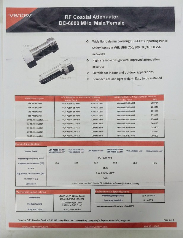 VENTEV #VEN-A0506-05-NMF 5dB Attenuator DC-6GHz 5watt N-Male to N-Female gallery