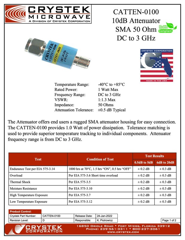 Crystek 10dB Attenuator - SMA 50 Ohm - DC to 3 GHz - P/N: CATTEN-0100 gallery